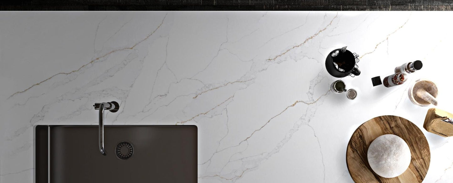 Raphael Stone RQ9910 Calacatta Romano |126' x63''| 2 cm Polished Quartz Slab