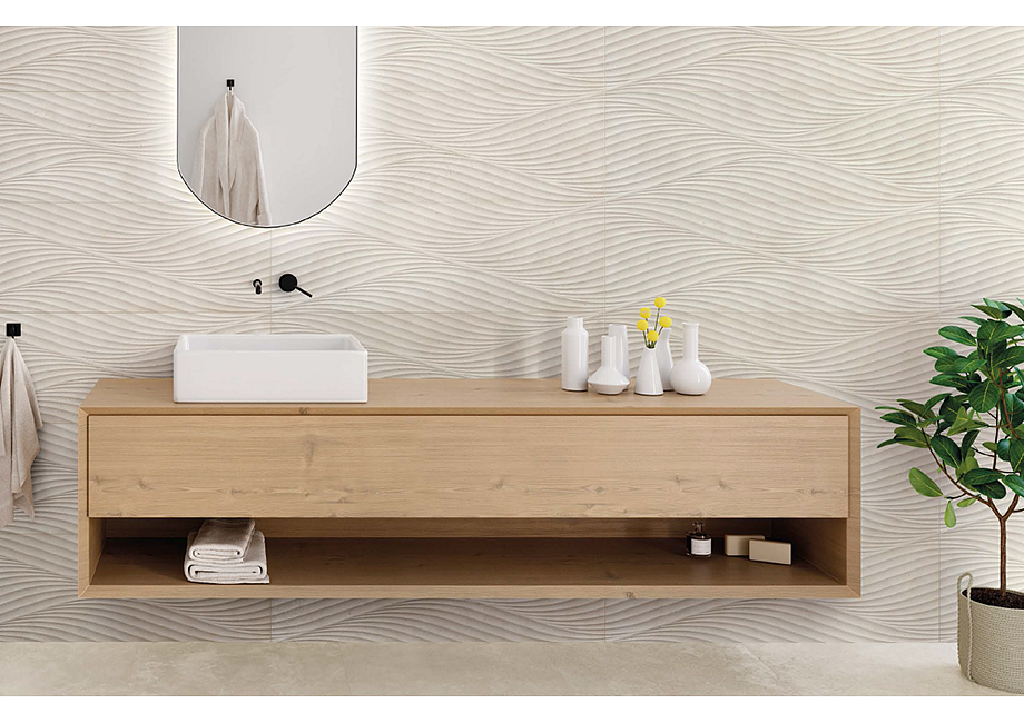 European Porcelain and Ceramics Salines Waves Bone 13'' x 39'' Ceramic Tile
