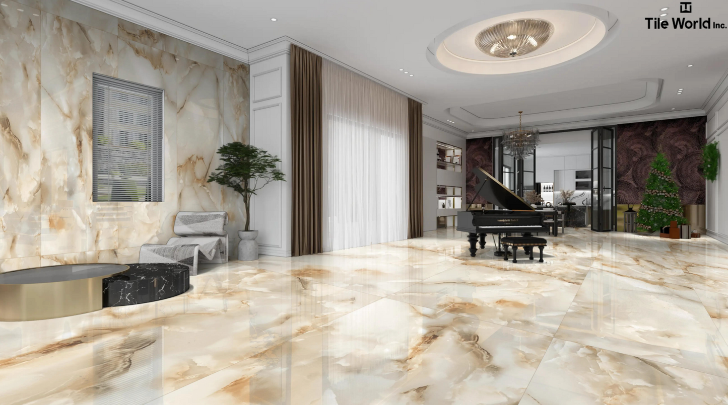 Tile World Cloudy Onyx Crema| Polished | 24’’ x 48’’ Porcelain Tile
