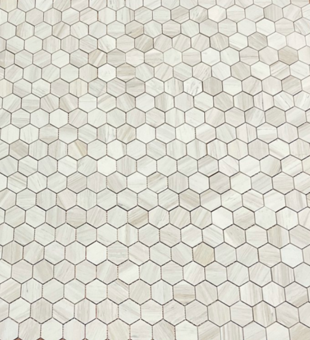 Elysium Tiles Hexagon Wooden White Honed 2 x 2 Mosaic Tiles