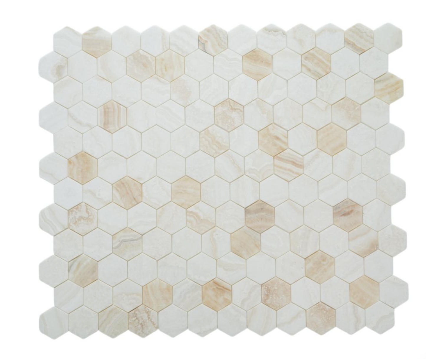 Elysium Hexagon Onyx Ivory Honed 3 x 3 10 x 11.5 Mosaic Tiles