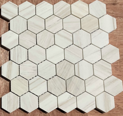 Elysium Tiles Hexagon Wooden White Honed 2 x 2 Mosaic Tiles