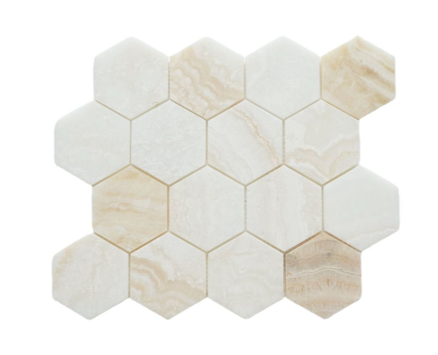 Elysium Hexagon Onyx Ivory Honed 3 x 3 10 x 11.5 Mosaic Tiles