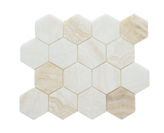 Elysium Hexagon Onyx Ivory Honed 3 x 3 10 x 11.5 Mosaic Tiles