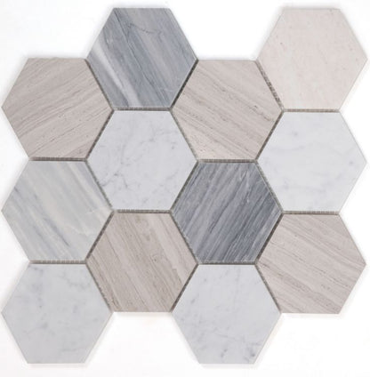 Elysium Tiles Hexagon Blue Large 4 x 4 10.75 x 12.5 Mosaic Tiles