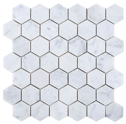 Elysium Tiles Hexagon Carrara Honed 2 x 2 11.75 x 12 Mosaic Tiles